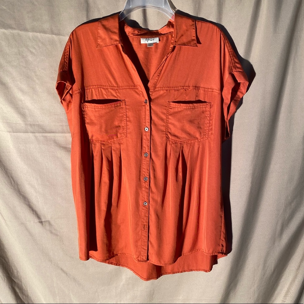 Style & Co Orange Pleated Short-Cuffed Sleeve Top